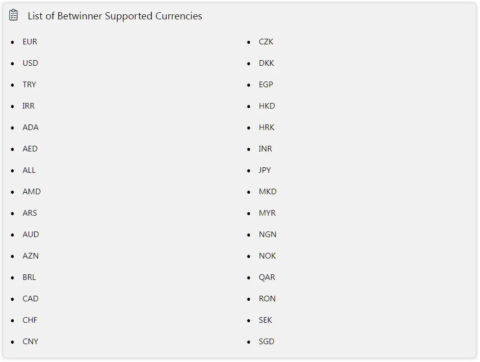 Devises supportées par Betwinner