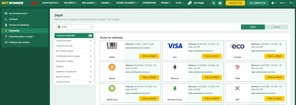 Options de dépôt et limites de BetWinner
