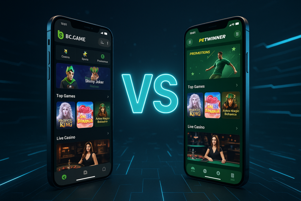 Une image comparant les applications mobiles BC.Game et Betwinner.
