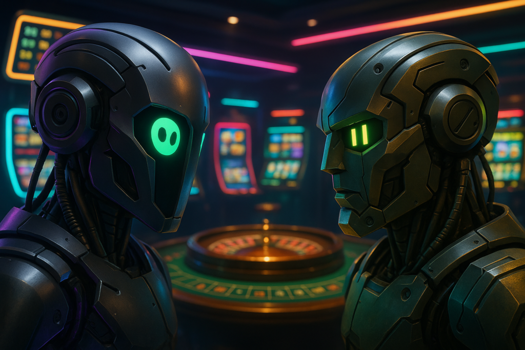 Deux robots dans un environnement de casino, se faisant face devant une table de roulette.